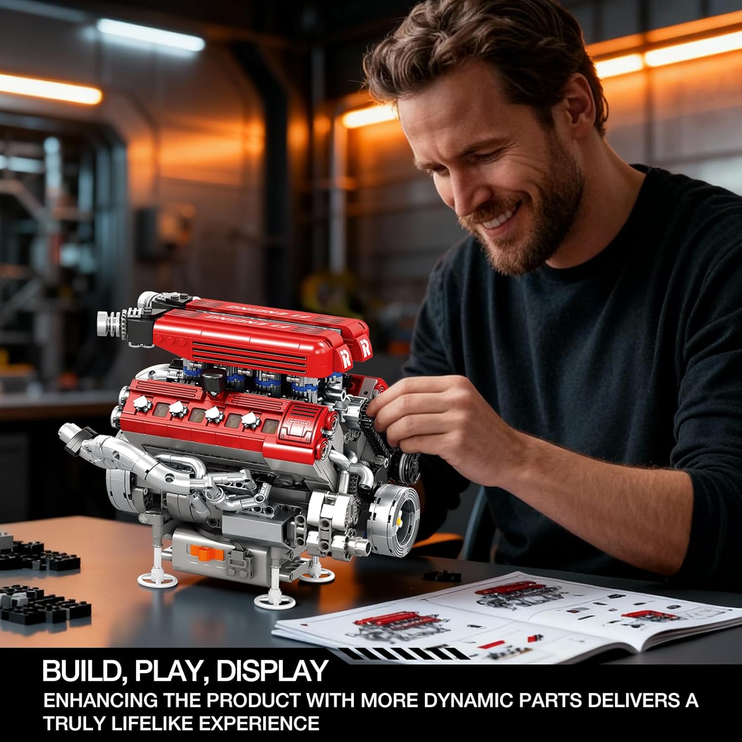 Detalle de Reobrix V8 Engine Model Kit for Adults — 1101 Pieces, Moving V8 Engine Mock-Up