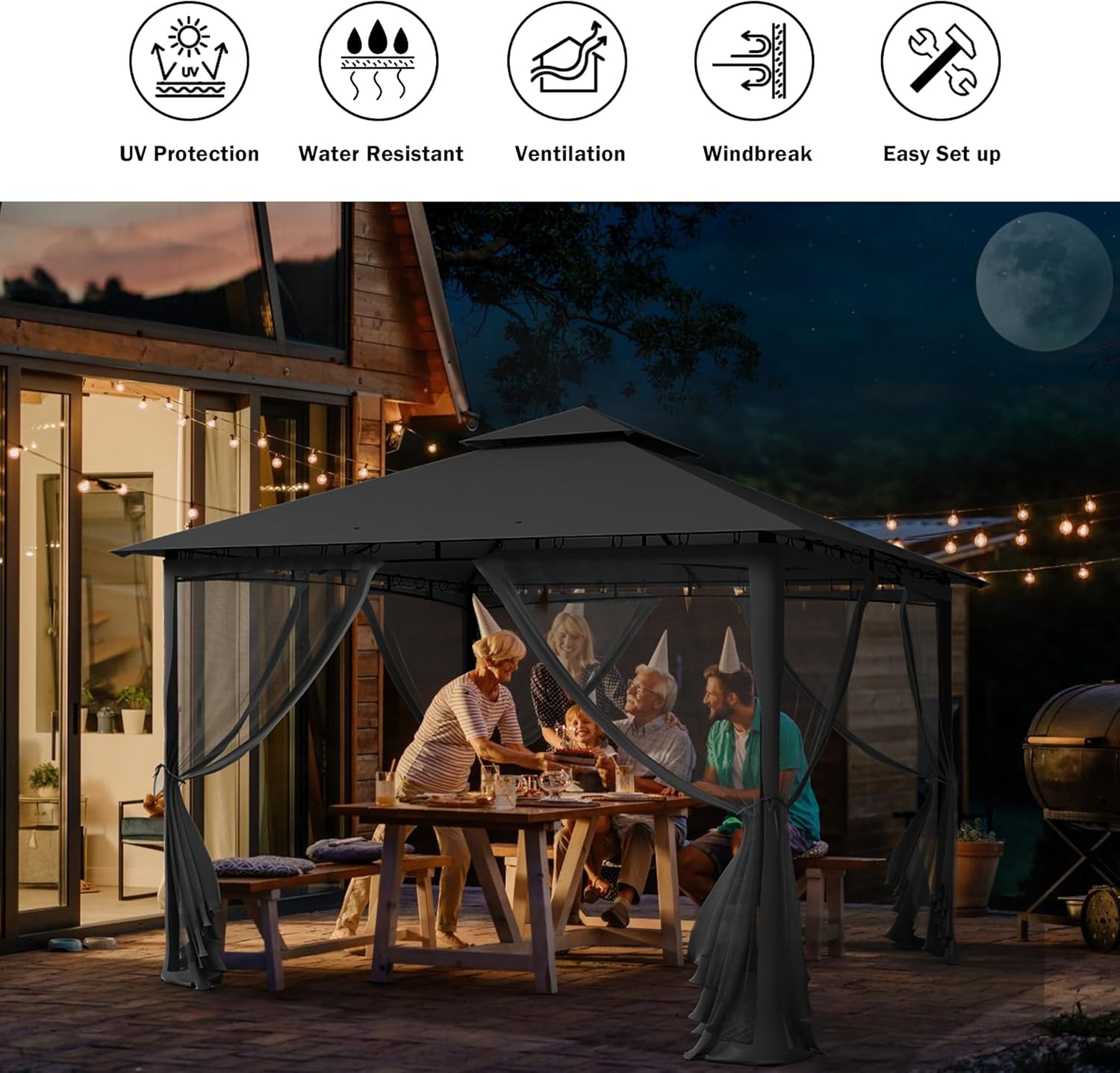 Thumbnail 6 de UDPATIO Tonnelle de jardin extérieure 2,8x2,8 m double toiture avec moustiquaire – gris