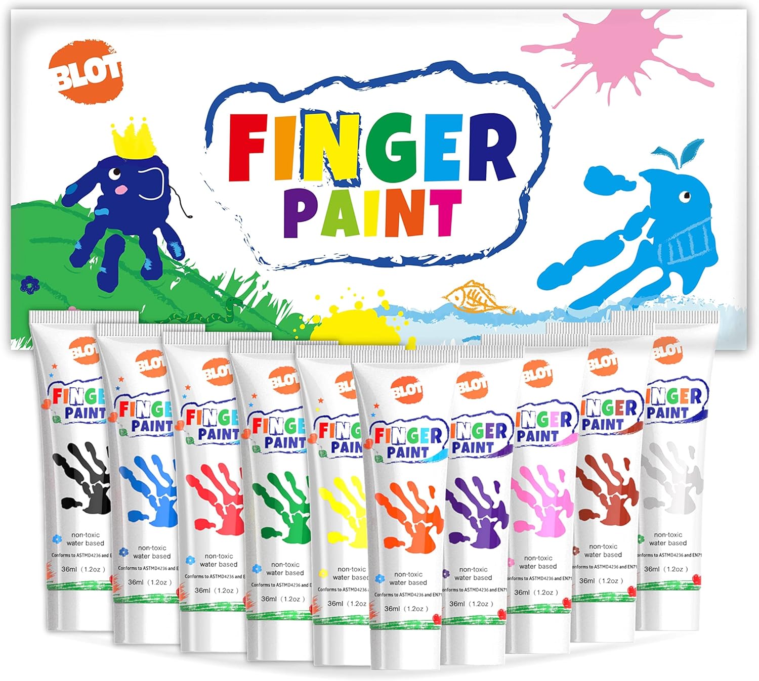 BLOT Peinture au Doigt Lavable pour Enfants – Kit 10 Couleurs (36 ml/tube)