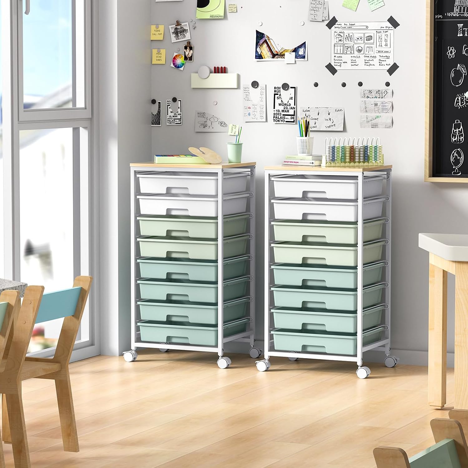 Detalle de SYKIARIOL 924-GN Utility Cart with 8 Drawers, Light Green, Wooden Top