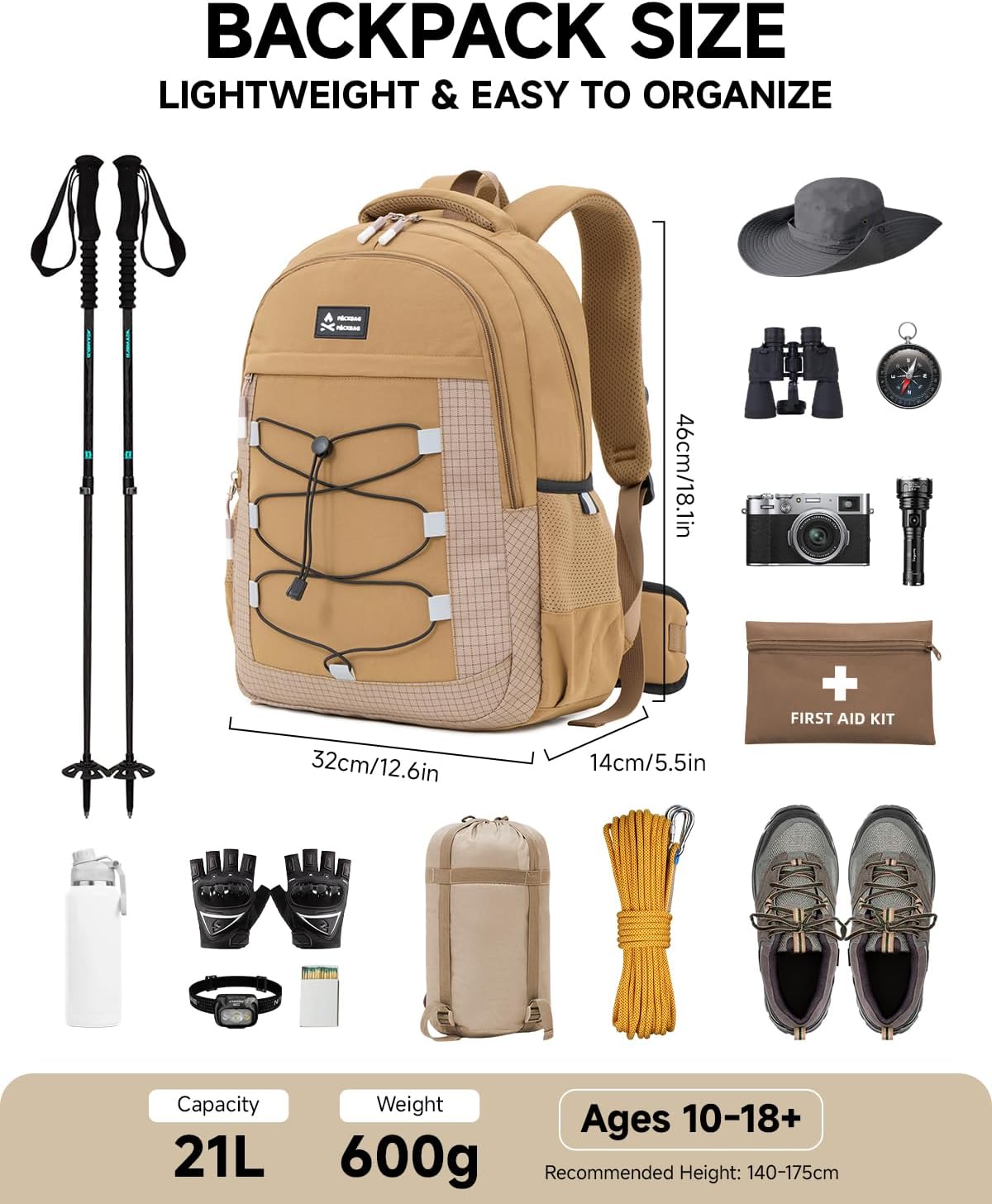 Detalle de Amythe Zaino Outdoor 21L per Ragazzi e Ragazze: leggerezza, comfort e visibilità per trekking e campeggio