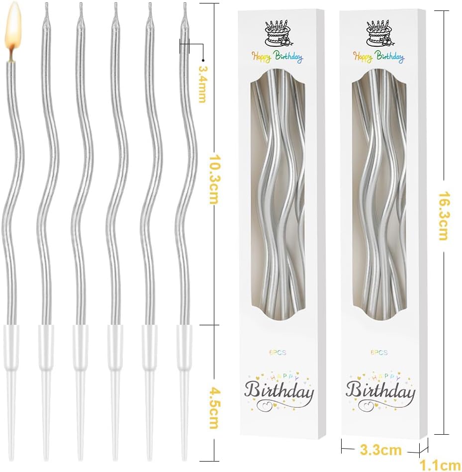 Detalle 2 de URAQT 24 Twisty Spiral Birthday Candles (Metallic) with Holders – Silver
