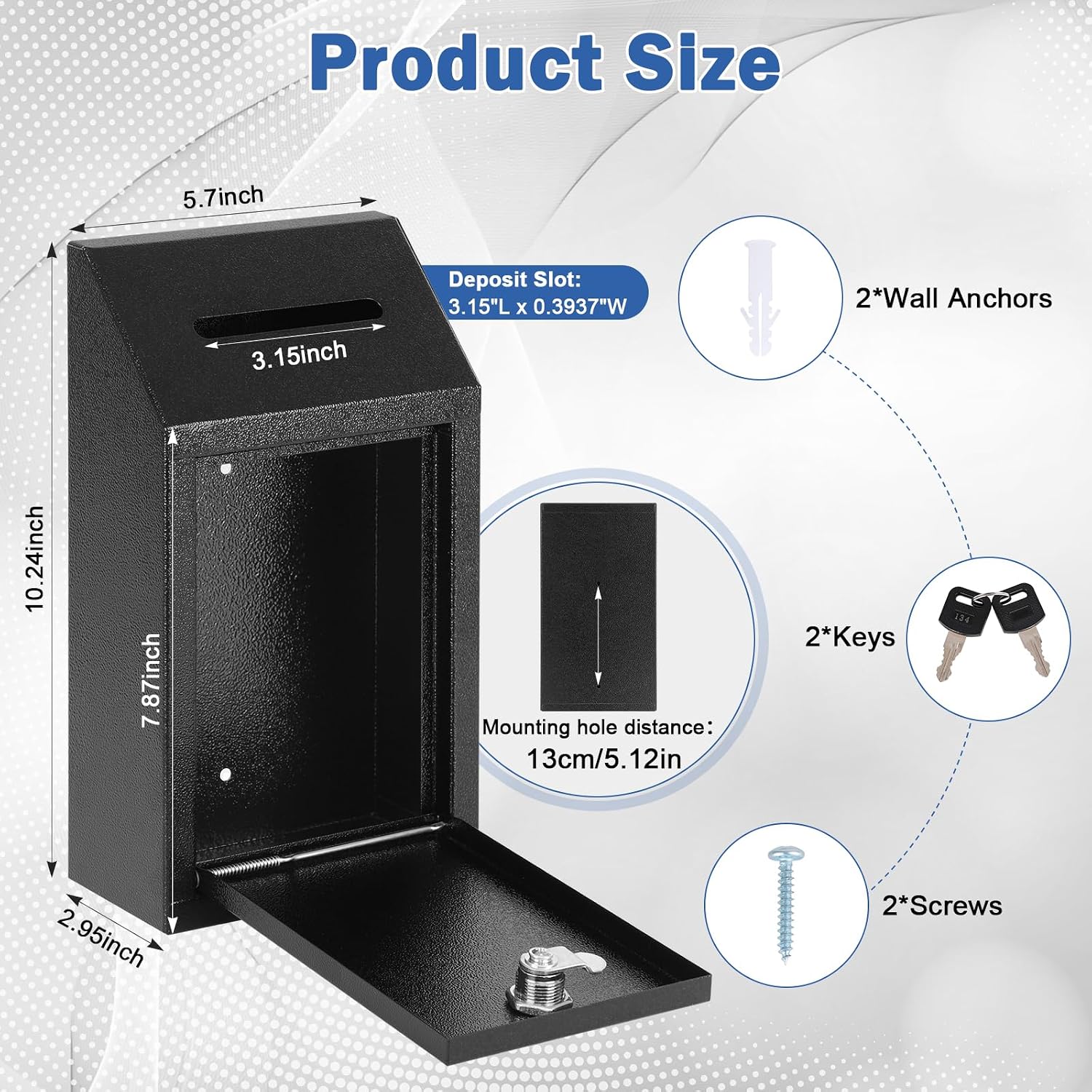 Detalle 2 de KYODOLED P0298 Metal Cash Drop Box with Lock, Slot, Wall Mount, Black