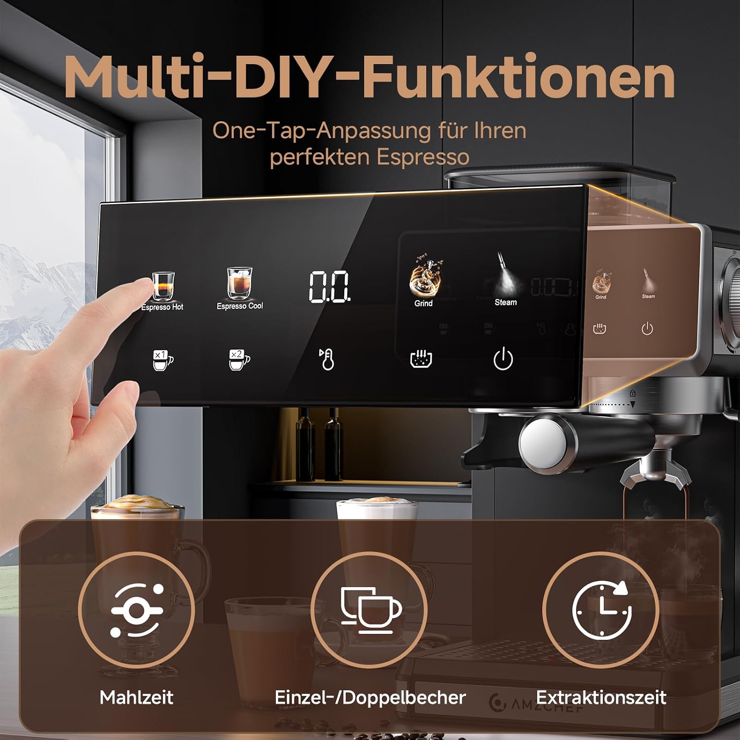 Detalle de AMZCHEF Siebträgermaschine mit Mahlwerk – 20 Bar Espresso-Power für Zuhause